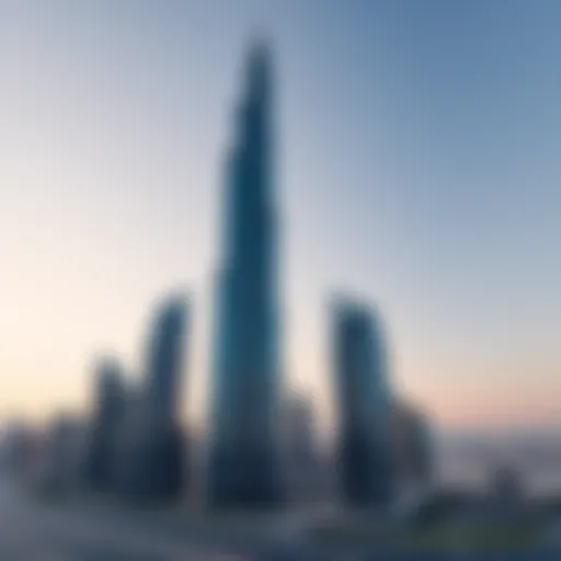 A panoramic view of Dunya Tower showcasing its architectural grandeur against the Dubai skyline.
