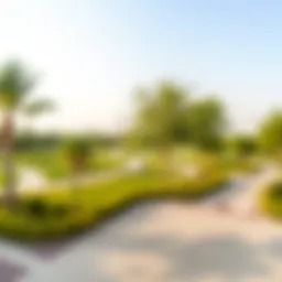 A panoramic view of Al Reem Park showcasing its lush greenery and walking paths