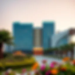 A panoramic view of the Crystal Business Center showcasing its modern architecture